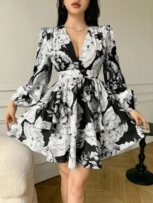 Celisse 女士深V领印花长袖荷叶边下摆性感时尚迷你连衣裙 - 黑色 - 查看 5