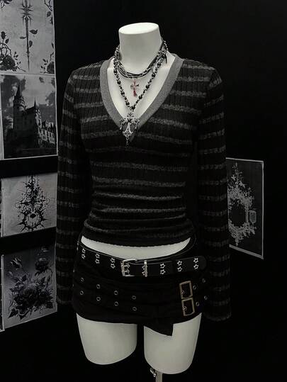 EgrlEra 女士休闲V领条纹修身短款长袖T恤