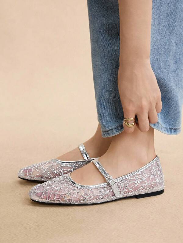 Rosivie French Square Toe Silver Mesh Ballet Style Slip-On Mary Jane Flat Shoes Women