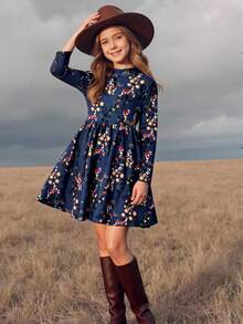 SHEIN Serisse Kids Váy ngắn thanh lịch cổ đứng in hoa cho bé gái tuổi teen, váy hoa cho bé gái, váy mùa đông dài tay in hoa, váy mùa đông thanh lịch cho bé gái, váy mùa đông cho bé gái - Màu xanh lam - Xem 7