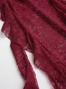 SHEIN PETITE 波西米亚风荷叶边蕾丝拼接不对称下摆半身裙，适合娇小女性，春夏款 - 酒紅色 - 查看 6