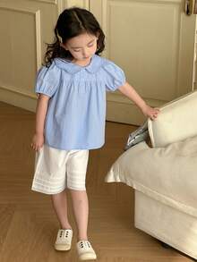 Dazy Kids Conjunto de 2 piezas para niñas con blusa de manga abullonada y shorts de unicolor, atuendo de verano para niñas - Azul - Ver 3