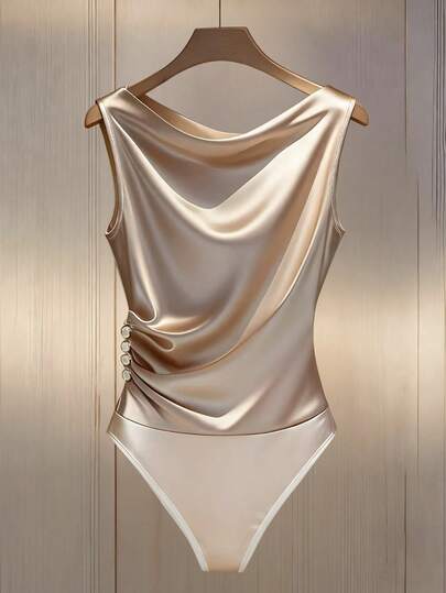 Franclia Trendig draperad krage ärmlös plisserad kant knappdekor figurnära bodysuit