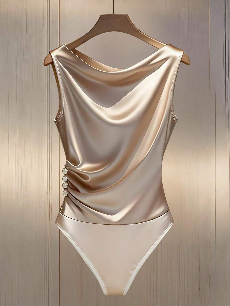 Franclia Body ajustado con cuello drapeado, sin mangas, con adorno de pliegues y botones - Albaricoque - Ver 1