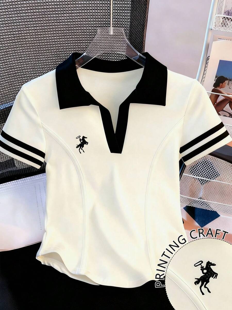 Resyla 女式条纹撞色 Polo 领短袖休闲 T 恤 - 白色 - 查看 1