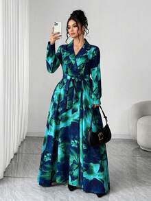 Elenzga Đầm in họa tiết thời trang thường ngày thanh lịch, tay dài, cổ bẻ, thắt lưng cỡ lớn dành cho nữ, tiệc mùa đông - màu xanh lá - Xem 6