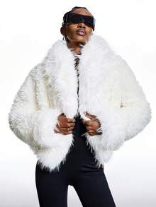 LYSMO 2025 New Minimalism Women's Solid Color Faux Fur Jacket,All White,Winter,Chic,Night Out Versatile Long Sleeve Party Coat White Shrug Outerwear - White - View 4