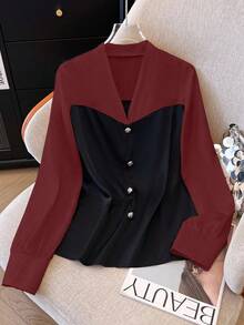 Franclia Blus Wanita Elegan dengan Detail Leher V, Lengan Panjang, dan Hiasan Kancing Warna Kontras, Musim Semi/Musim Gugur - Burgundy - View 3