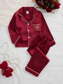 Girls Pajamas Set, Magenta Simple Pocket Heart Print Long Sleeve Cardigan And Long Pants Casual 2 Pieces Sleepwear, Ideal New Year Gift - Burgundy - View 4
