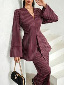 Veilorie 女士休闲条纹长袖上衣和裤子两件套 - 棕色 - 查看 6