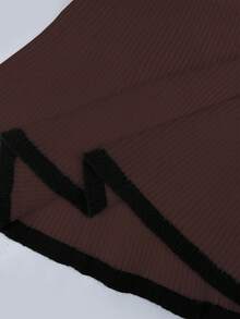 Franclia 法式优雅方领弹力修身长袖针织毛衣，撞色饰边，适合返校季，杏色、米色、黑色，可爱的针织上衣，适合日常穿着，荷叶边下摆，秋冬 - 咖啡棕 - 查看 6