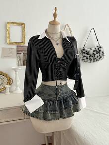 Elamini Women's Striped Tie-Up Long Sleeve Cropped Fashionable Fitted Patchwork Collar Shirt