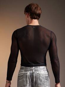 FeverCity Men's Mesh Sheer Casual Asymmetrical Long Sleeve Round Neck T-Shirt - Black - View 2