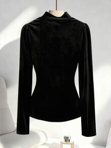 GlowEve CURVE Plus Size Elegant Solid Color Stand Collar Puff Sleeve T-Shirt, Autumn/Winter - Black - View 2
