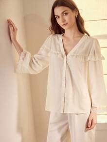 MOTF PREMIUM AUTUMN/WINTER CONTRAST LACE TEXTURED PAJAMA SET - Apricot - View 6