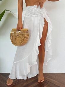 Swim Vcay Women's Springbreak Chiffon Shirred Waist Lotus Leaf Hem Beach Maxi Dress, Lightweight & Slit - White - View 3