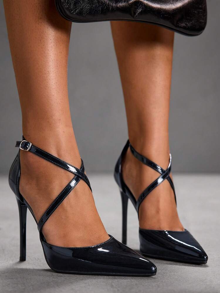 CUCCOO SZL Navy Blue Pearlescent Criss-Cross Pointed Toe Stiletto High Heel Pumps, Hollow Out Dress Shoes For Commuting, Date, Party, Wedding For Christmas Spring Shoes