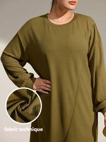 Momelise Christmas Plus Size Casual Asymmetrical Hem Long Sleeve Pullover Dress - Army Green - View 1