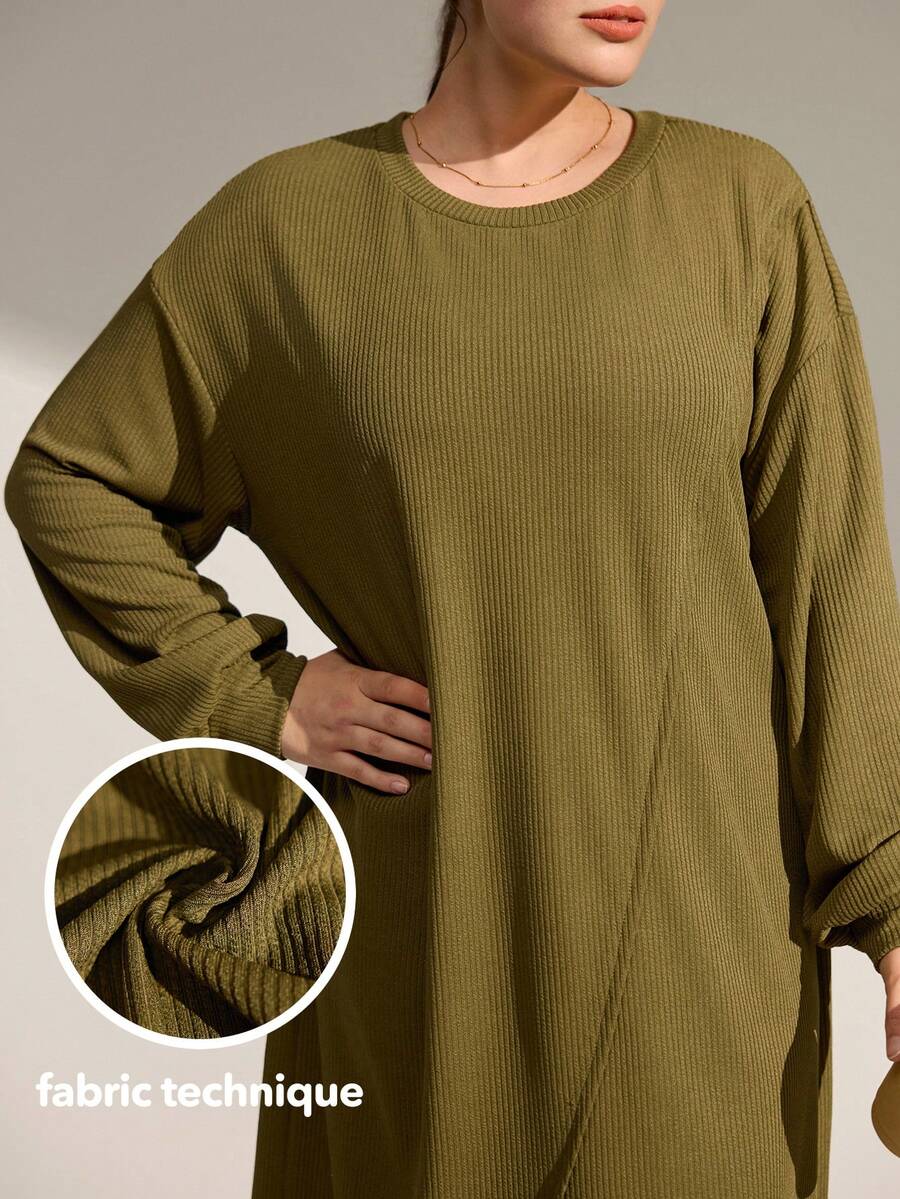 Momelise Christmas Plus Size Casual Asymmetrical Hem Long Sleeve Pullover Dress - Army Green - View 1