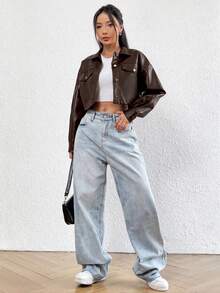 SHEIN EZwear 女士棕色纯色极简短款PU皮夹克，长袖 - 棕色 - 查看 6