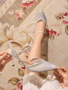 CUCCOO TILAWA 女士网面高跟凉鞋，尖头，镶钻鞋带 - 銀色 - 查看 1