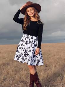 SHEIN Váy họa tiết hoa nhiều màu sắc thường ngày cho bé gái tuổi teen, mùa thu - Đen và trắng - Xem 2