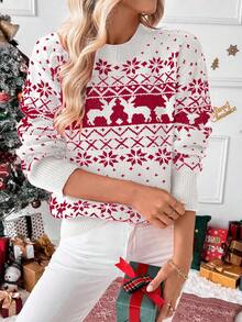 SHEIN LUNE Christmas Reindeer & Snowflake Pattern Dropped Shoulder Knit Sweater For New Year Clothes - Multicolor - View 5