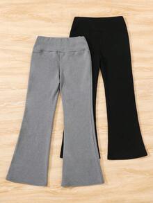 SHEIN 2件套少女休闲百搭罗纹保暖修身高领蝴蝶结喇叭裤套装，秋冬款