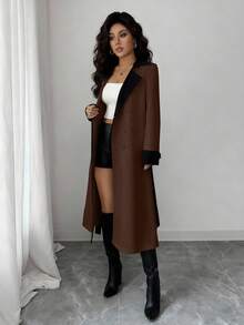 Elenzga 女士撞色领设计双排扣收腰优雅休闲通勤时尚法式风衣，奶油白与杏色拼接，长袖，秋冬款 - 彩色 - 查看 8