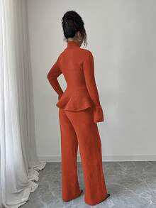 Elenzga Bộ 2 món: Áo khoác cardigan cổ đứng tay loe thắt eo thanh lịch dành cho người đi làm thường ngày màu xanh lam & áo len dệt kim ống đứng, Thu/Đông - trái cam - Xem 2
