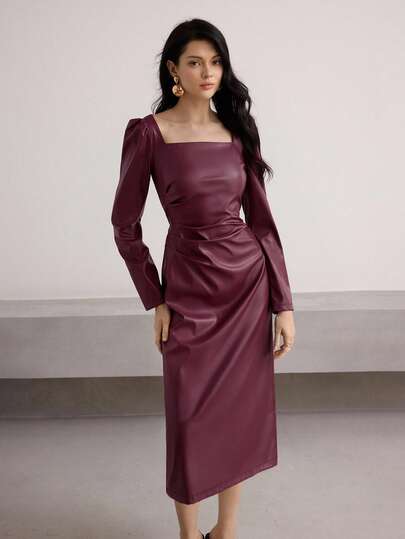 Heiryn Vestido de cuello cuadrado de piel sintética de PU de moda y elegante de largo medio para mujer