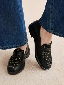 Rosivie 2025秋冬新款马衔扣乐福鞋，百搭英伦风黑色粗跟软底一脚蹬平底鞋 - 黑色 - 查看 4