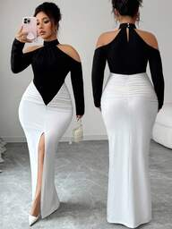 Selianne ฤดูใบไม้ร่วง/ฤดูหนาว ดีไซน์ตัดต่อสีดำและขาวแบบใหม่, ผ่าข้างสูงเซ็กซี่, เดรสแมกซี่รัดรูปแขนยาวเปิดไหล่จับจีบ, ชุดราตรีไซส์ใหญ่สง่างาม เหมาะสำหรับงานปาร์ตี้, งานเลี้ยงค็อกเทล, งานแต่งงาน, ฮาโลวีน, คริสต์มาส, วันวาเลนไทน์