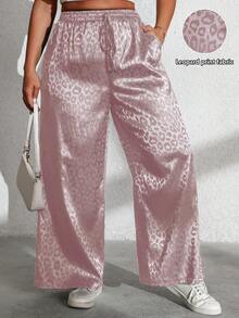 Vionelle Plus Size Casual Commuter Leopard Print Wide Leg Pants Satin Pants Cheetah Pants Silk Pants Leopard Pants - Dusty Pink - View 1
