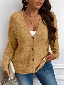 Vionelle 大码女式休闲V领纯色针织开衫 - 駝色 - 查看 2