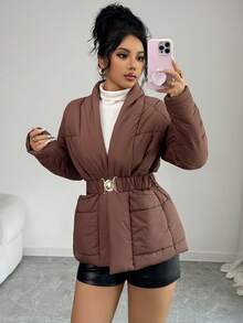 Selianne Abito lungo elegante con design vita stretta, cappotto di lusso in misto lana, adatto per feste, Ognissanti, Natale, Capodanno, Ringraziamento, inverno - Caffè Marrone - Visualizzare 5