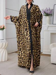 Al Najma 女士宽松豹纹休闲睡袍，适合日常穿着和聚会场合 - 黑色 - 查看 5