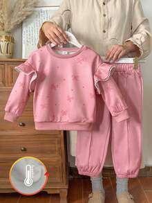 Vintaside Kids 女童春秋季圆领长袖简约时尚连帽衫搭配休闲时尚紧身裤套装，适合露营、度假或温和天气下的日常休闲穿着 - 珊瑚粉 - 查看 3