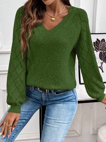 EMERY ROSE Women's Casual Hollow Out V-Neck Long Sleeve Knitted Sweater, Autumn/Winter - Army Green - View 6