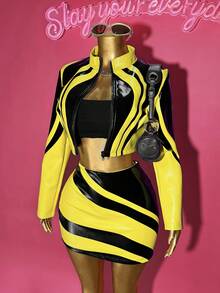 Slaydiva 2025 Höst Nytt Halloween Födelsedagsfest Bankett Collegestil Student Daglig Casual Kryssning Resor Viral Streetwear Sexig Klubb Y2K Punk Racing Motorcykelinspirerad Dam 2-delars Set: Långärmad Figurnära Jacka + Bodycon Minikjol, Svart Med Gult PU-Bläcktryck, Höst/Vinter - Multifärgad - Visa 12