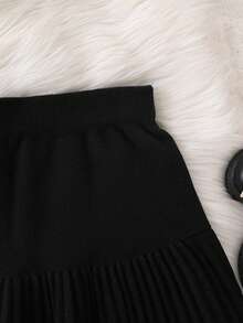 SHEIN 两件套优雅蝴蝶结针织毛衣和百褶针织裙套装，女童冬季服装 - 黑色 - 查看 7