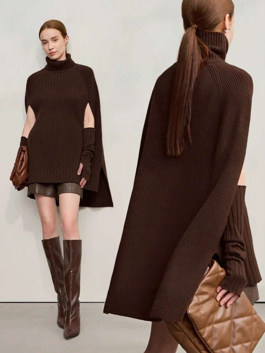 Airaco 女士纯色时尚现代高领斗篷毛衣 - 棕色 - 查看 1