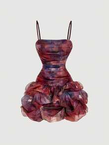 SHEIN MOD Váy ngắn organza nhún bèo họa tiết hoa dành cho nữ - Nhiều màu - Xem 5
