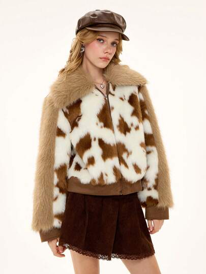 Hippie Vintage Milk Texture Cute Sweet Heart Version Faux Fur Jacket