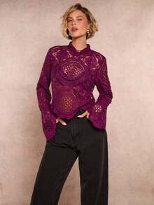 Glamine 中紫红色长袖碎花透视上衣，女士个性化长袖上衣，女士上衣，外出上衣，优雅女士上衣，女士碎花连衣裙 - 中紫紅色 - 查看 3