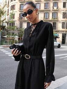 Maija 女士纯色系带领休闲长袖连衣裙 - 黑色 - 查看 6