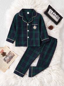 2pcs Young BoyCasual Classic Plaid Shirt & Pants Set, Homewear Boys Plaid Pj Set