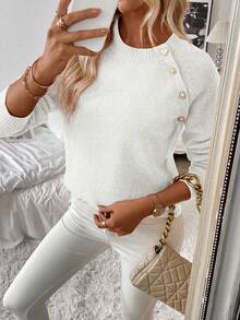 SHEIN Tall Women's Sweater With Oblique Placket And Button Design - White - View 4