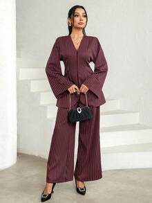 Veilorie 女士休闲条纹长袖上衣和裤子两件套 - 棕色 - 查看 2