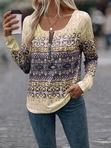 EMERY ROSE 女士印花圆领长袖休闲T恤，春夏图案T恤，女士春季上衣 - 彩色 - 查看 4